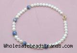 CFN742 9mm - 10mm potato white freshwater pearl & blue spot stone necklace