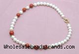 CFN755 9mm - 10mm potato white freshwater pearl & red jasper necklace