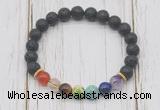 CGB6296 8mm black lava 7 chakra beaded mala stretchy bracelets