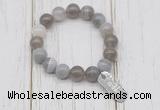 CGB6848 10mm, 12mm grey banded agate beaded bracelet with alloy pendant