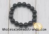 CGB6856 10mm, 12mm black banded agate beaded bracelet with alloy pendant