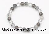 CGB8018 8mm white crystal, black rutilated quartz & smoky quartz beaded stretchy bracelets