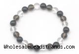 CGB8021 8mm white crystal, smoky quartz & black agate beaded stretchy bracelets