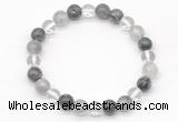 CGB8022 8mm white crystal, cloudy quartz & black labradorite beaded stretchy bracelets