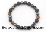 CGB8042 8mm black lava, hematite & yellow tiger eye beaded stretchy bracelets