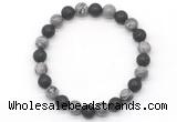 CGB8075 8mm grey picture jasper & black lava beaded stretchy bracelets