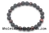 CGB8095 8mm black lava, matte black agate & red tiger eye beaded stretchy bracelets