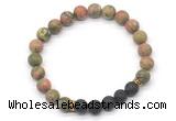 CGB8296 8mm matte unakite & black lava beaded mala stretchy bracelets