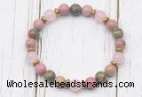 CGB8445 8mm pink wooden jasper, unakite, rose quartz & hematite power beads bracelet