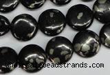 CJB158 15.5 inches 14mm flat round natural jet & pyrite gemstone beads