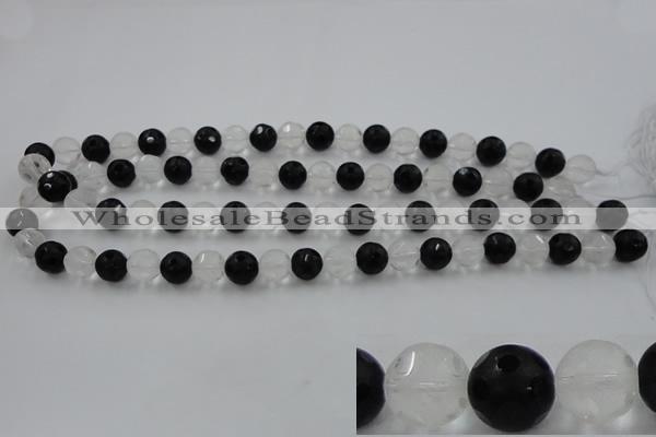 CNC87 15.5 inches 10mm carved round matte white crystal & black agate beads