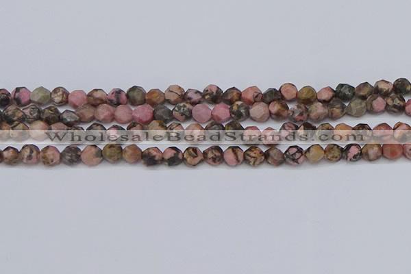 CNG6252 15.5 inches 6mm faceted nuggets rhodonite beads