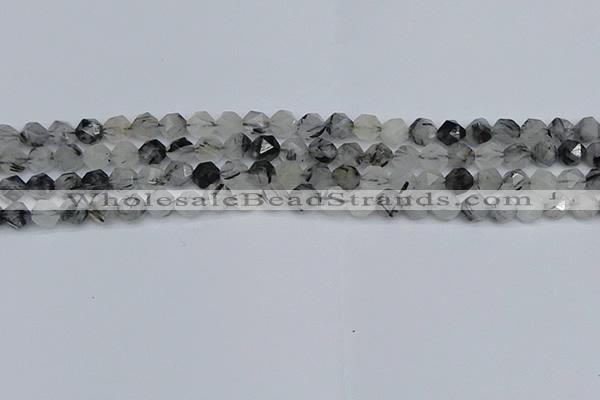 CNG7245 15.5 inches 6mm faceted nuggets black rutilated quartz beads