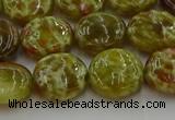 CNS624 15.5 inches 15mm flat round green dragon serpentine jasper beads