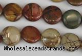 CPJ351 15.5 inches 14mm flat round picasso jasper gemstone beads