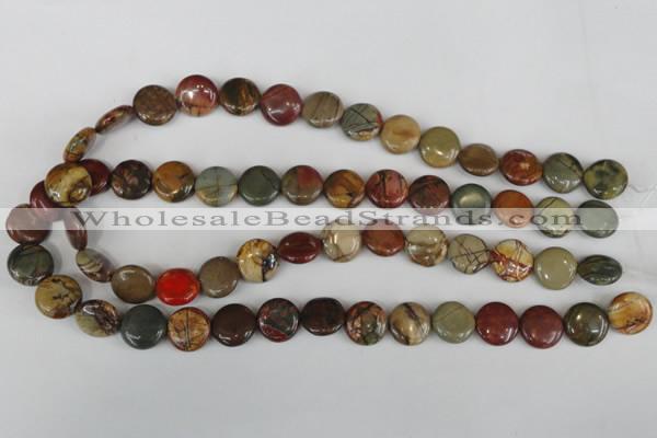 CPJ351 15.5 inches 14mm flat round picasso jasper gemstone beads