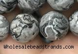 CPJ645 15.5 inches 14mm faceted round grey picture jasper beads