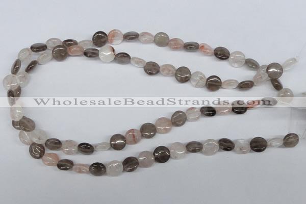 CPQ101 10mm flat round natural pink crystal & smoky quartz beads