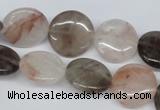 CPQ102 16mm flat round natural pink crystal & smoky quartz beads