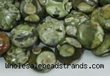 CPS36 15.5 inches 12mm flat round green peacock stone beads