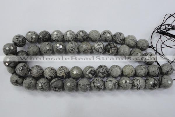 CPT116 15.5 inches 16mm faceted round grey picture jasper beads