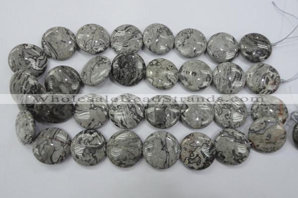 CPT168 15.5 inches 25mm flat round grey picture jasper beads