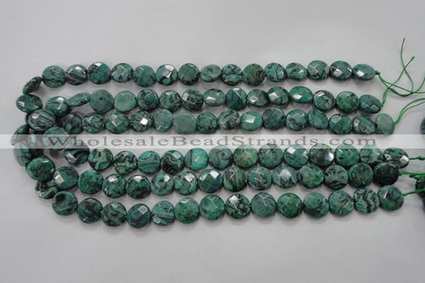 CPT232 15.5 inches 12mm faceted coin green picture jasper beads