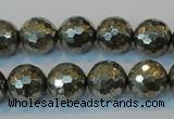 CPY110 15.5 inches 14mm faceted round pyrite gemstone beads wholesale