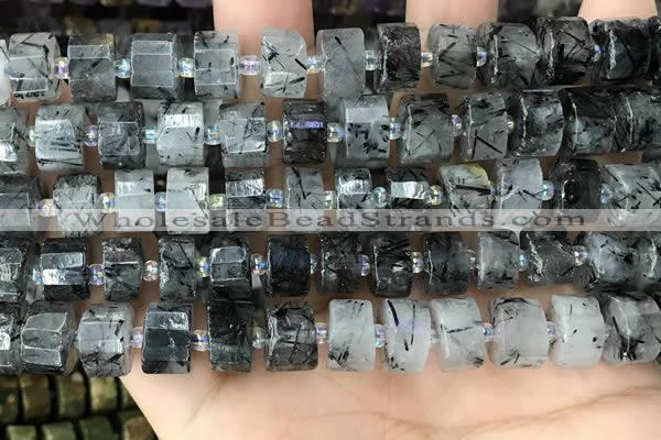 CRB2193 15.5 inches 11mm - 12mm faceted tyre black rutilated quartz beads