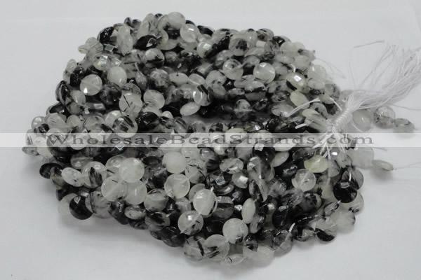 CRU03 15.5 inches 12mm faceted flat round black rutilated quartz beads