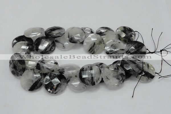 CRU06 15.5 inches 30mm faceted flat round black rutilated quartz beads