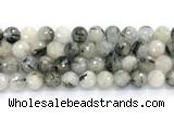 CRU1094 15.5 inches 12mm faceted round black rutilated quartz gemstone beads