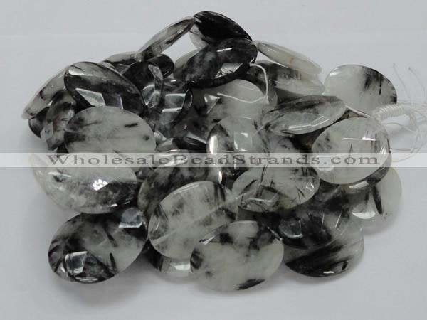 CRU19 15.5 inches 22*30mm faceted oval black rutilated quartz beads