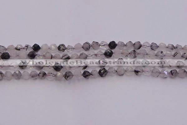 CRU511 15.5 inches 6mm faceted nuggets black rutilated quartz beads