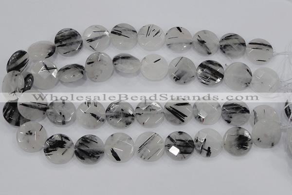 CRU98 15.5 inches 22mm faceted coin black rutilated quartz beads