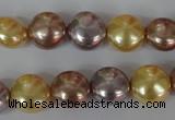 CSB186 15.5 inches 12mm flat round mixed color shell pearl beads