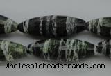 CSJ108 15.5 inches 10*30mm faceted rice green silver line jasper beads