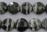 CSJ120 15.5 inches 15mm faceted coin green silver line jasper beads