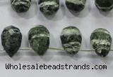 CSJ86 Top-drilled 10*14mm faceted teardrop green silver line jasper beads