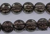 CSQ124 12mm faceted flat round grade AA natural smoky quartz beads