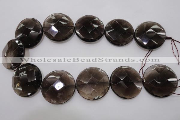 CSQ222 15.5 inches 35mm faceted coin grade AA natural smoky quartz beads