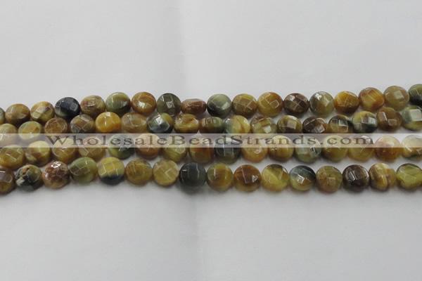 CTE1573 15.5 inches 10mm faceted coin golden & blue tiger eye beads