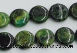 CTP08 15.5 inches 14mm flat round yellow green pine gemstone beads