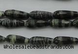 CTR10 15.5 inches 6*16mm faceted teardrop green silver line jasper beads