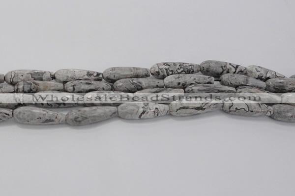 CTR139 15.5 inches 10*30mm faceted teardrop grey picture jasper beads