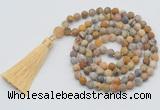 GMN1004 Hand-knotted 8mm, 10mm matte yellow crazy agate 108 beads mala necklaces with tassel