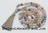 GMN1005 Hand-knotted 8mm, 10mm matte bamboo leaf agate 108 beads mala necklaces with tassel