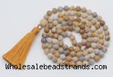 GMN1006 Hand-knotted 8mm, 10mm matte fossil coral 108 beads mala necklaces with tassel