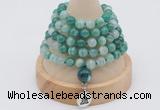 GMN1194 Hand-knotted 8mm, 10mm green banded agate 108 beads mala necklaces with charm