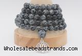 GMN1267 Hand-knotted 8mm, 10mm snowflake obsidian 108 beads mala necklaces with charm